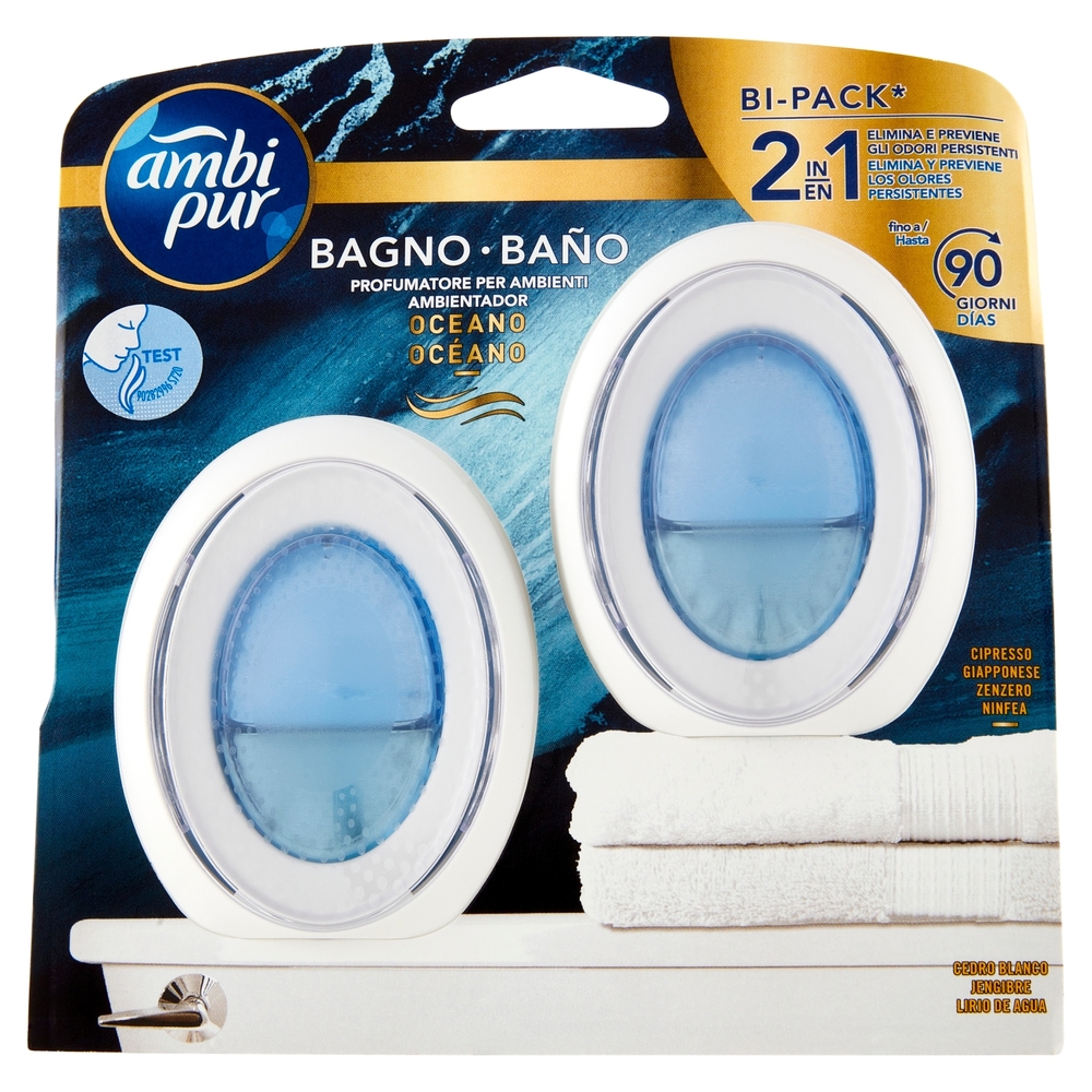 Ambi Pur Bagno 2in1 Elimina e Previene, Profumatore per Ambienti, Oceano, 2 Deodoranti, 2 x 7,5 ml